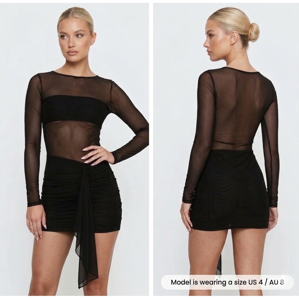 Princess Polly Knowett Black Mesh Ruched Long Sleeve Mini Dress Sheer Bodycon 4